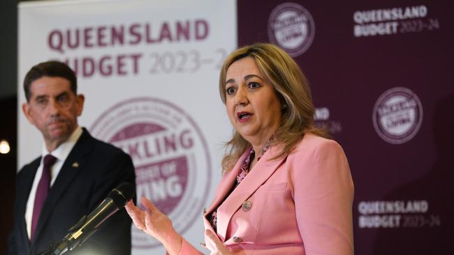 Queensland Premier Annastacia Palaszczuk and Treasurer Cameron Dick during a press conference in the 2023/24 state budget lockup at Parliament House in Brisbane. Picture: Dan Peled.