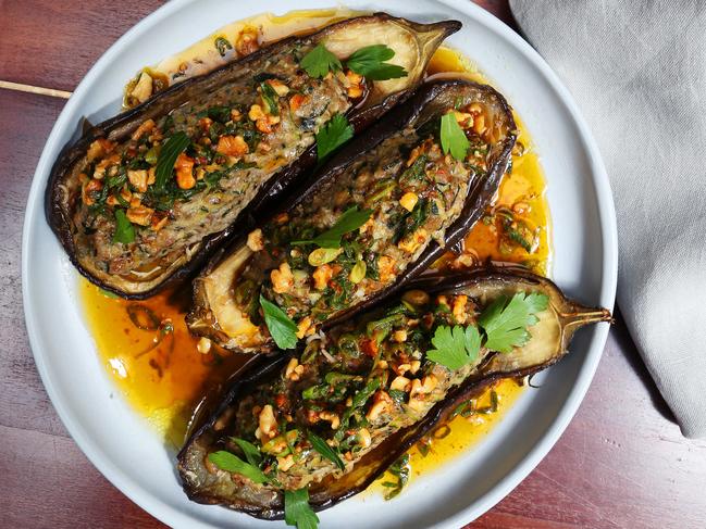 Shane Delia’s ‘Mum’s stuffed eggplants’. Picture: Rebecca Michael