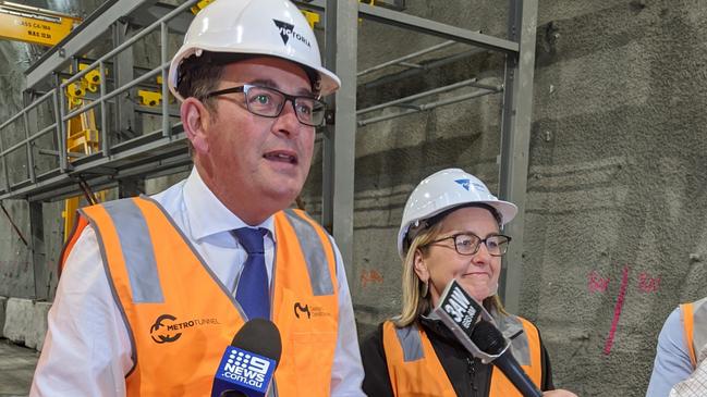 Premier Daniel Andrews and the Minister for Transport Infrastructure Jacinta Allan at the State Library Metro Tunnel site. Picture: Kieran Rooney