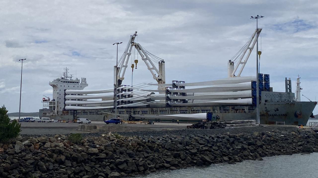 The first wind turbines at Gladstone Harbour ahead of their transport through the city on their way to the Clarke Creek Wind and Solar Farm project northwest of Rockhampton. Picture: Nilsson Jones