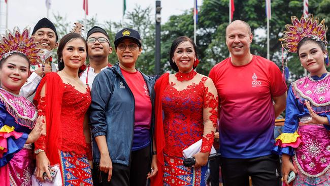 Josh Frydenberg, second from right, and Indonesia’s Finance Minister, Sri Mulyani, fifth from left, in Jakarta on Friday. Picture: AFP