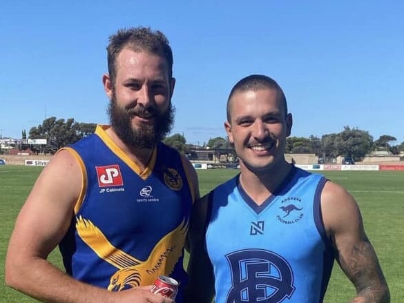 Roopena's Clayton Mesecke (right) with Lincoln South star Michael Mazey. Picture: Roopena Football Club