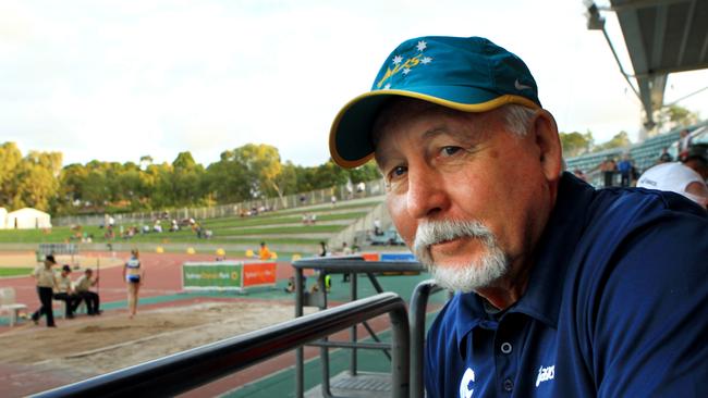 Australian Olympic Jumps Coach, Gary Bourne at the Sydney Olympic Park Athletics track inspecting talent at an under 20s National Championships.