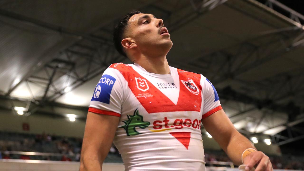 WOLLONGONG, AUSTRALIA - JULY 20: Tyrell Sloan of the Dragons walks off after been sent to the sin bin during the round 21 NRL match between St George Illawarra Dragons and Wests Tigers at WIN Stadium on July 20, 2023 in Wollongong, Australia. (Photo by Jeremy Ng/Getty Images)