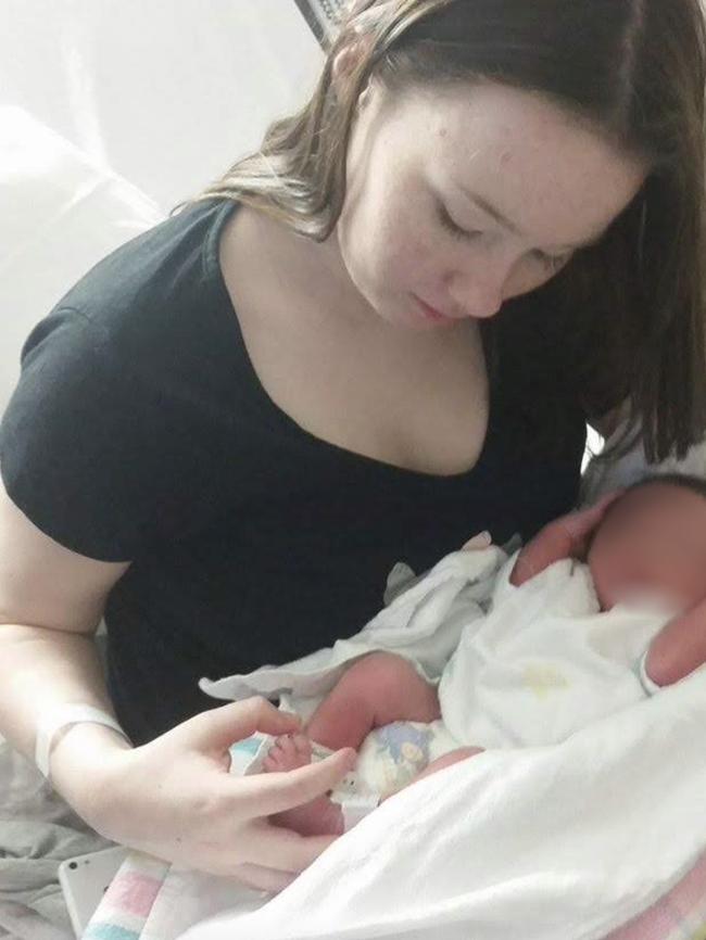 Tara Dawes, then 14, with her newborn son. Picture: Supplied