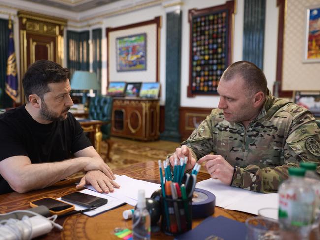 Ukrainian President Volodymyr Zelensky with the head of Ukraine’s Security Service Vasyl Malyuk (R) in Kyiv after the operation. Picture: Handout / UKRAINIAN PRESIDENTIAL PRESS SERVICE / AFP