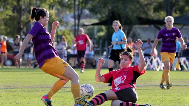 SEQ Diamond League (women's soccer) grand final between The Gap and Redlands. Emma Pittman challenges Steph Letham for the ball Pic Chris Higgins