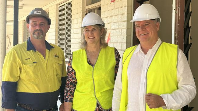 NTEX Project Manager David Evans, Infrastructure Minister Eva Lawler and Fong Lim MLA Mark Monaghan at The Narrows housing demolition. Picture: Annabel Bowles