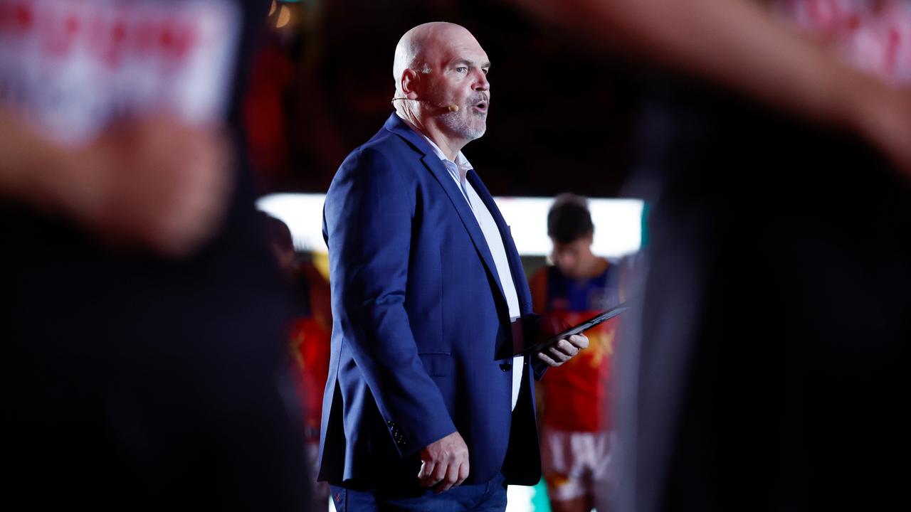 MELBOURNE, AUSTRALIA - JUNE 23: Jason Dunstall is seen as part of Spud's Game ceremony and huddle during the 2023 AFL Round 15 match between the St Kilda Saints and the Brisbane Lions at Marvel Stadium on June 23, 2023 in Melbourne, Australia. (Photo by Michael Willson/AFL Photos via Getty Images)