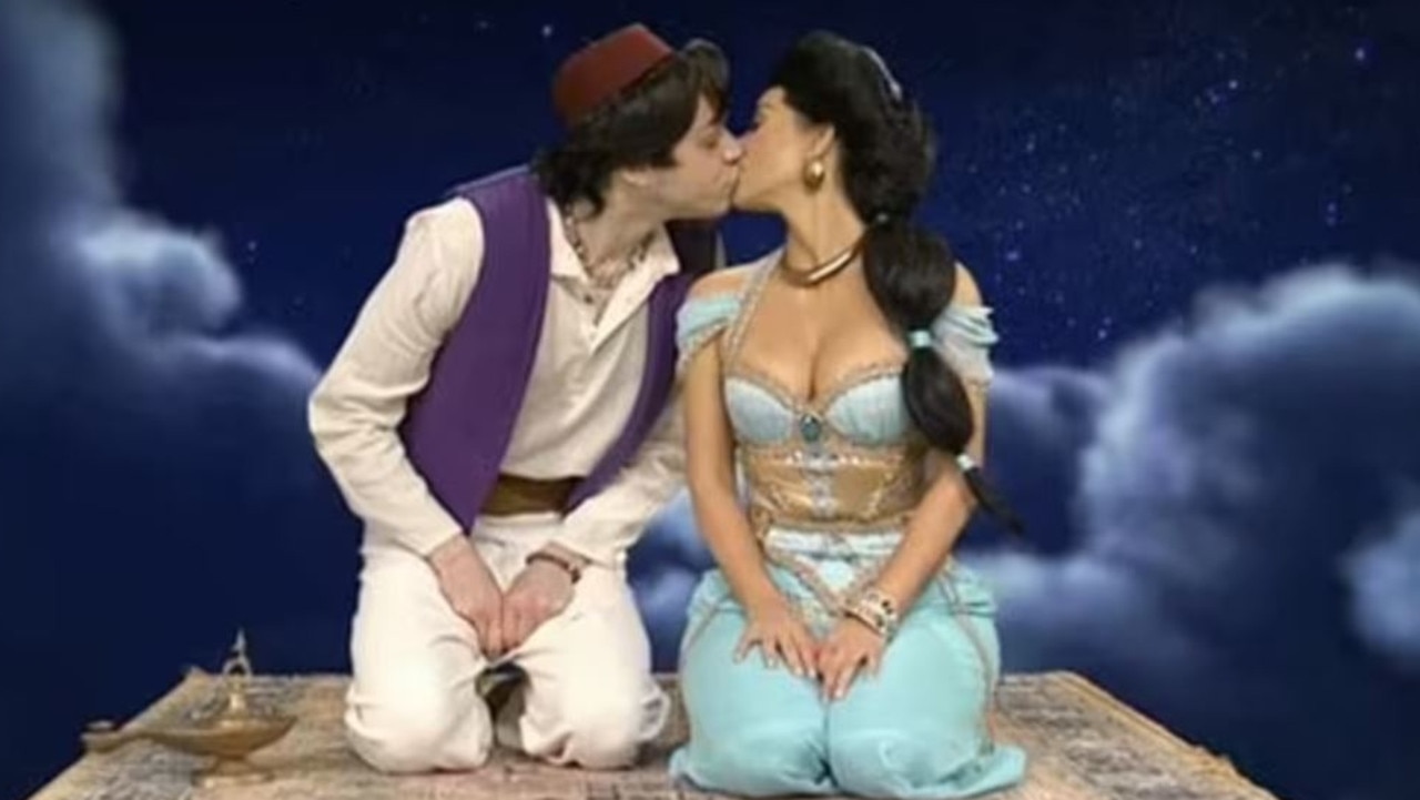 Pete Davidson and Kim Kardashian kiss during a skit on SNL. Picture: NBC