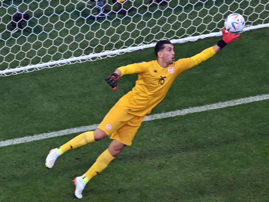 Tunisia's goalkeeper Aymen Dahmen concedes a goal. Picture: AFP