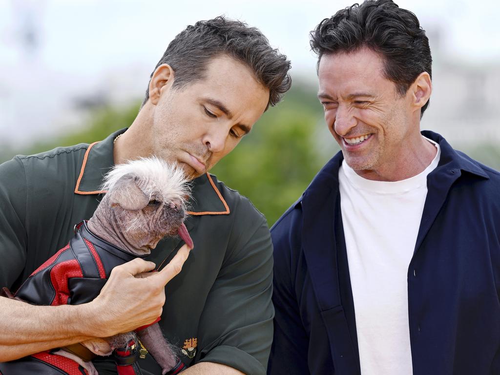 Ryan Reynolds, Peggy aka Dogpool the UK’s Ugliest Dog Winner and Hugh Jackman in London this month. Picture: Getty