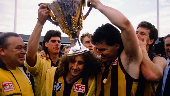 Gary Ayres and Jason Dunstall props the Premiership Cup on John Platten's head after the 1989 VFL Grand Final between the Hawthorn Hawks and the Geelong Cats at the Melbourne Cricket Ground.