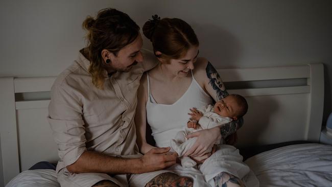 New mother Brooke McLellan and her partner Lachlan Murray with their five-week-old son Parker Murray. Picture: Kayla Ellery.