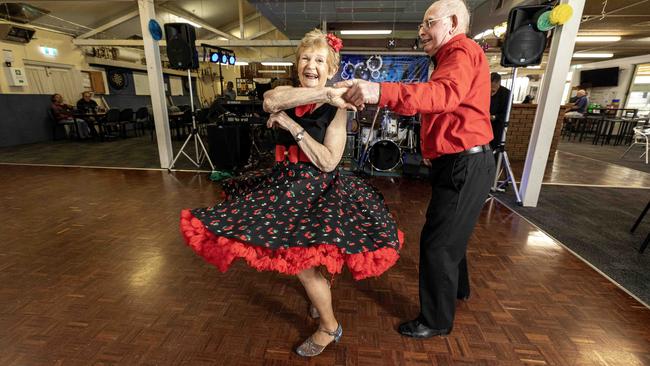 Maureen Soklich, 79, and dance partner Jim Kerse, 89, dancing at Nollamara Bowling Club. Picture: Colin Murty