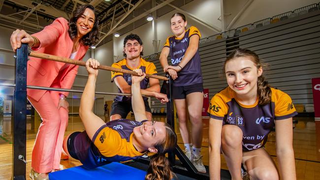 Queensland athletes Hannah Dowd, 15, Imogen Davies, 15, Jack Howell, 21 and Alirah Norris, 15 with Olympian Giaan Rooney at the 'YouFor2032' talent ID program at Carrara Indoor Sports Stadium. Picture: Nigel Hallett