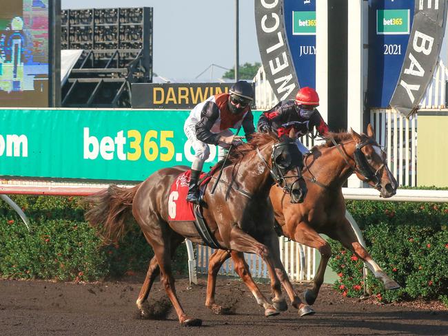 The Chris Nash-trained Maymeen (jockey Simon Miller) just moments after winning the $135,000 bet365 Palmerston Sprint (1200m) at Darwin Turf Club. Picture: Glenn Campbell