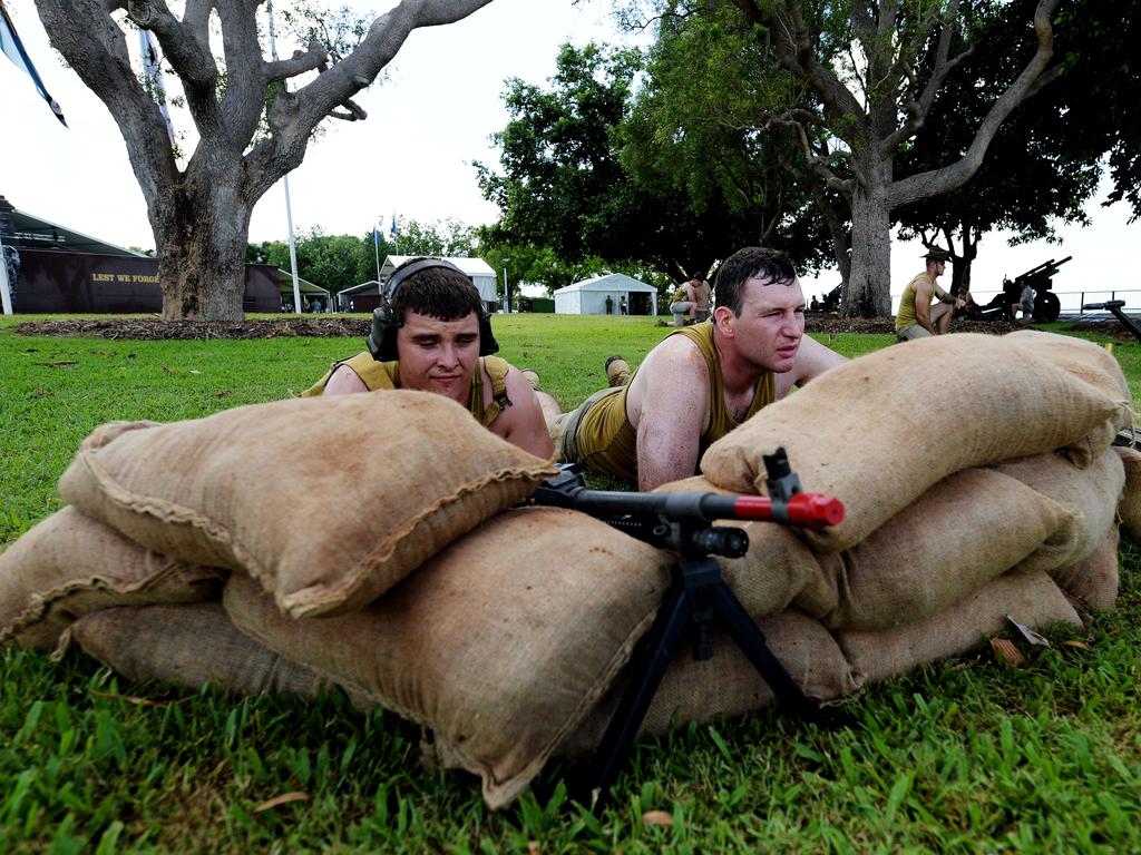 Soldiers reenact the defence of Darwin during the 77th Anniversary of the Bombing of Darwin on Tuesday, February 19, 2019. Picture: KERI MEGELUS