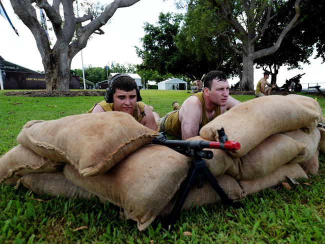 Soldiers reenact the defence of Darwin during the 77th Anniversary of the Bombing of Darwin on Tuesday, February 19, 2019. Picture: KERI MEGELUS