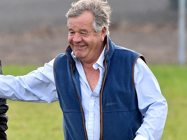 Trackwork at the Werribee International Horse Centre. Sir Michael Stoute, trainer of Snow Sky, says hello to Leigh Jordan. Picture Jay Town.