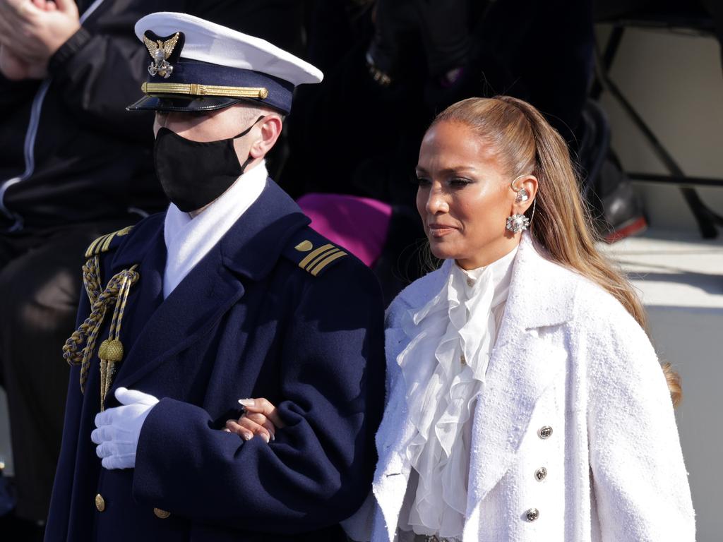 Jennifer Lopez is escorted to the inauguration. Picture: Getty Images