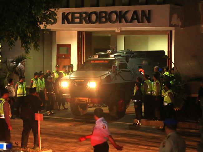 Indonesian police Barracuda drives from Kerobokan Jail with Andrew Chan and Myuran Sukumaran to begin their final journey. Picture: Adam Taylor.