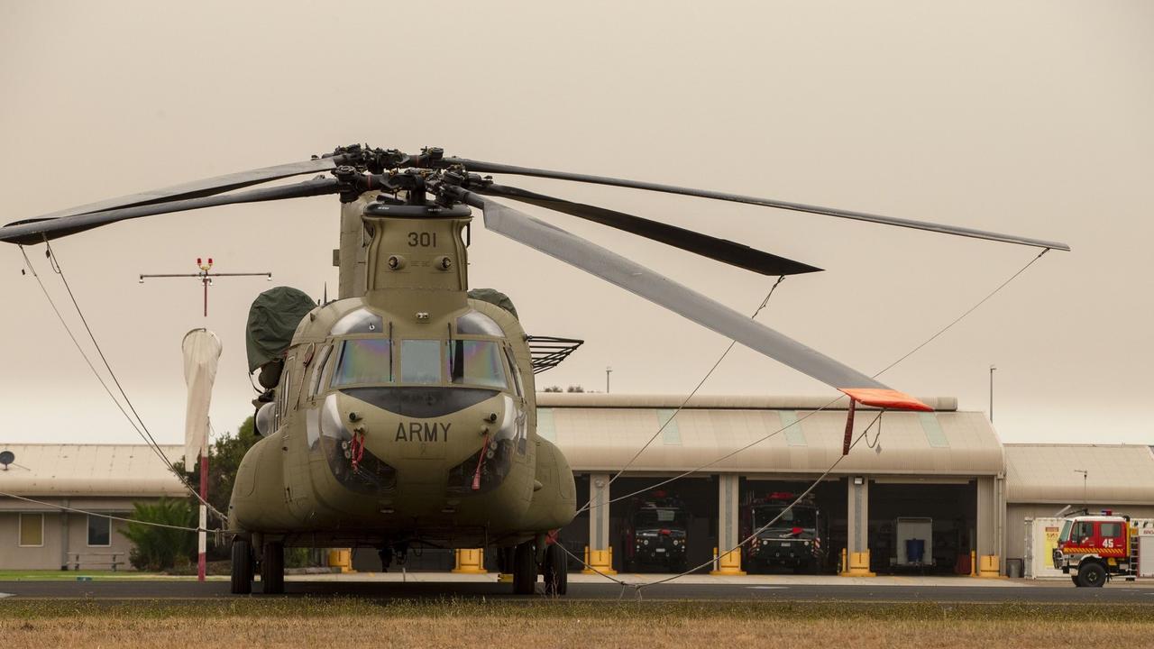 CH-47F Chinook helicopters were dispatched to RAAF Base East Sale from 5 Aviation Regiment in Townsville in support of firefighting operations as well as humanitarian assistance to remote and isolated communities during there 2020 Victorian bushfire crisis.