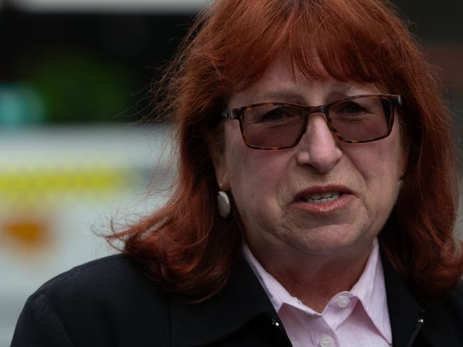 October 16, 2023: Adelaide Hills Council Mayor Jan-Claire Wisdom at the scene of the Stirling Village Shopping centre fire after it was completely destroyed yesterday. Photo: Naomi Jellicoe