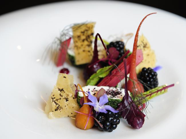 A dish of goats cheese with radishes and rhubarb at Sepia Restaurant in Sydney.