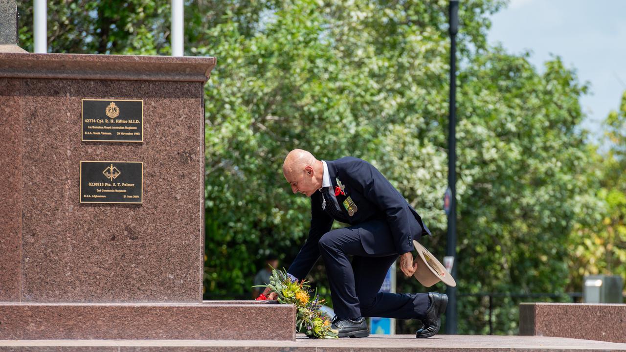 His Honour Professor the Honourable Hugh Heggie paid tribute at the Darwin Cenotaph with the laying of wreaths, 2023. Picture: Pema Tamang Pakhrin