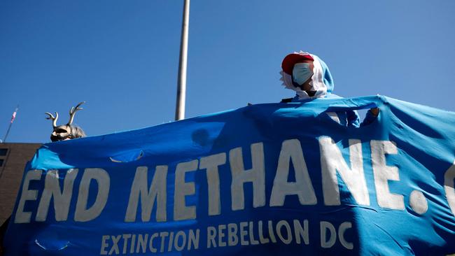 Members of the environmental activist group Extinction Rebellion hold a rally in Washington, DC, last week. Methane emissions are increasingly in the spotlight. Picture: Getty Images