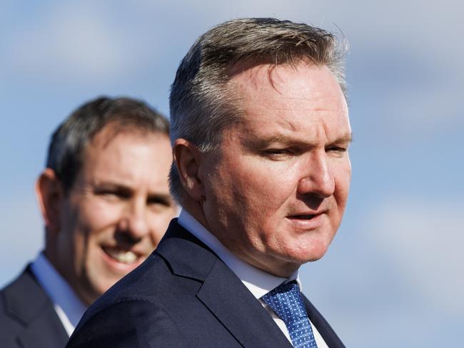 BRISBANE, AUSTRALIA - NewsWire Photos JULY 30, 2024:  Energy Minister Chris Bowen and Treasurer Jim Chalmers  at a press conference at Ampol Oil refinery at Lytton on Tuesday. Picture: NewsWire / Lachie Millard