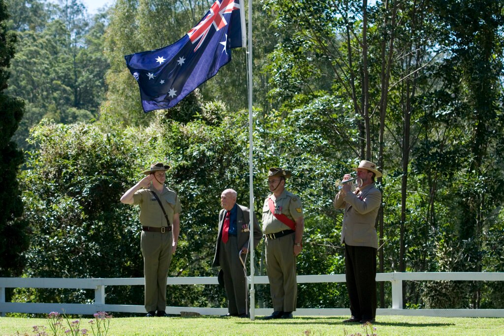 (From left) Lt Jonathan Cawcutt, Bert Miles, Sgt Adrian Kruger and Eddie Kemp at the 25th Battalion rememberance at Spring Bluff Railway, Sunday, March 17, 2013. Photo Kevin Farmer / The Chronicle. Picture: Kevin Farmer