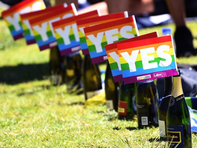 Empty bottles of champagne sit with rainbow Yes flags in them after the marriage vote result announcement during a picnic held by the Equality Campaign at Prince Alfred Park in Sydney, Wednesday, November 15, 2017. Australians have given same-sex marriage their approval with a 61.6 per cent 'Yes' vote in a voluntary survey. (AAP Image/David Moir) NO ARCHIVING