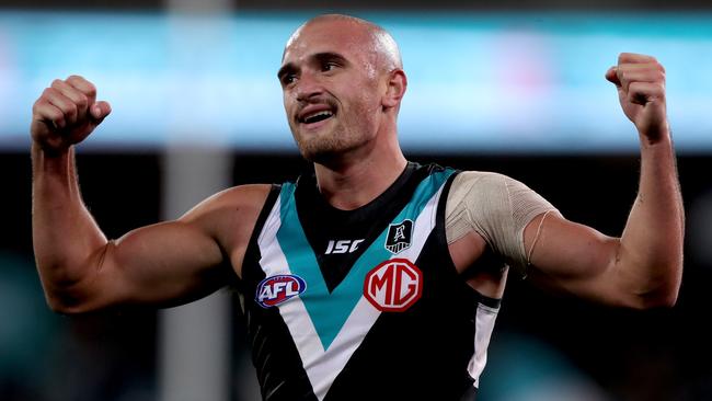 Port Adelaide’s Sam Powell-Pepper celebrates the Power’s win against Richmond.