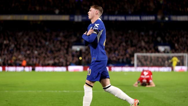 LONDON, ENGLAND - JANUARY 23: Cole Palmer of Chelsea celebrates scoring his team's fourth goal during the Carabao Cup Semi Final Second Leg match between Chelsea and Middlesbrough at Stamford Bridge on January 23, 2024 in London, England. (Photo by Alex Pantling/Getty Images)