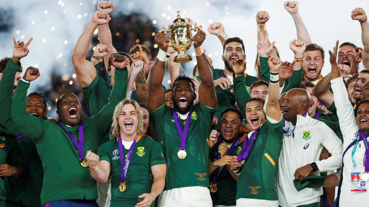 South Africa' with the Webb Ellis Cup after last year’s World Cup final.