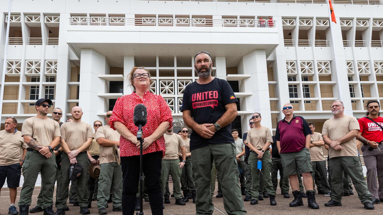 United Workers Union NT secretary Erina Early standing outside NT Parliament House with more than 40 Corrections officers on Tuesday February 11, 2025. Picture: Pema Tamang Pakhrin