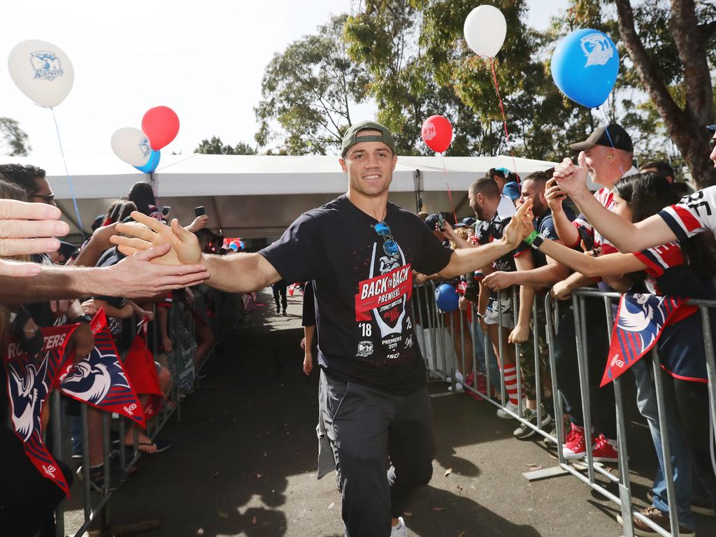 Cooper Cronk pictured at the Sydney Roosters fan morning at Moore Park after the Roosters win in the 2019 NRL Grand Final. Picture: Richard Dobson