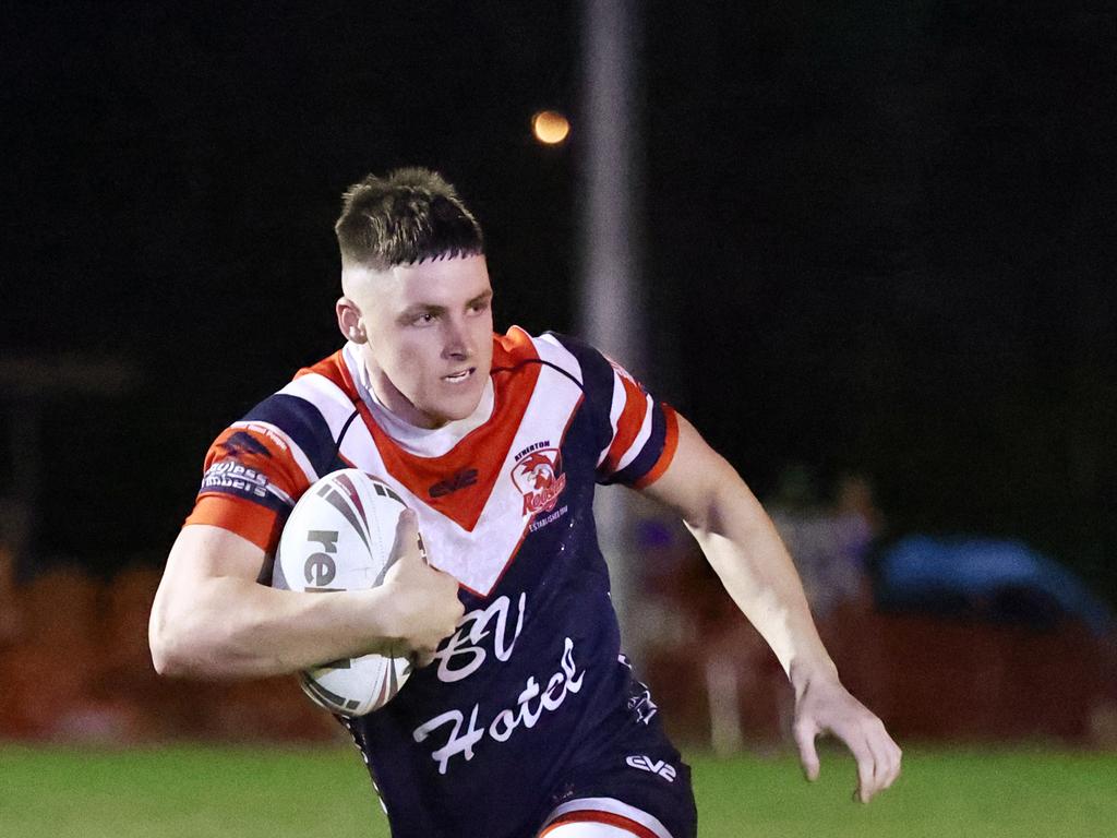 Roosters' Lachlan West ion the charge in the Far North Queensland Rugby League (FNQRL) Men's minor semi final match between the Atherton Roosters and the Cairns Kangaroos, held at Smithfield Sporting Complex. Picture: Brendan Radke