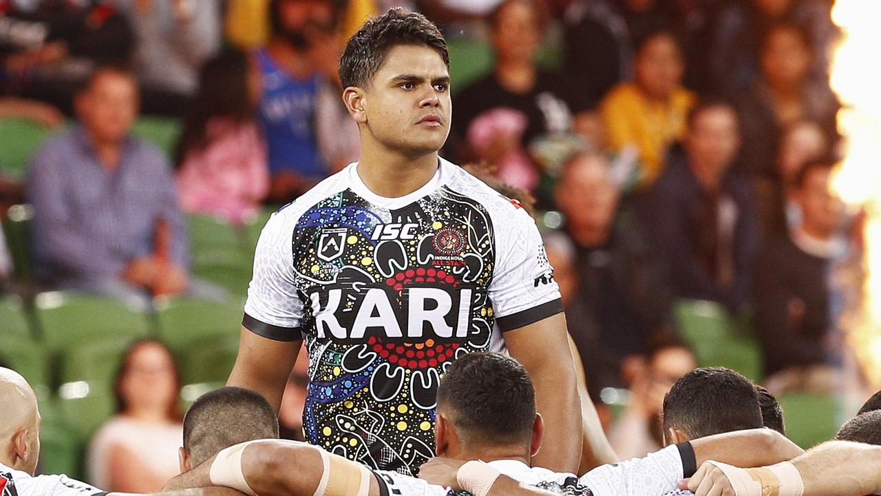 Latrell Mitchell leads the Indigenous All Stars pre-game dance last year.