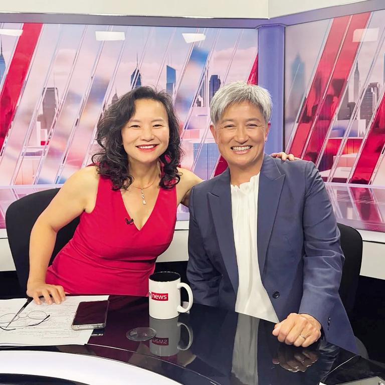 Words of comfort … with Australian Foreign Minister Penny Wong on set at Cheng Lei’s current employer Sky News, in January 2025, ‘fifteen months after she had welcomed me back to Australia with a hug’ Lei writes in her memoir. ‘While I was in detention, she had written to my kids and to me with simple words that brought emotional comfort.’