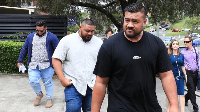 Logan trio Samuel Tumua Fenunuti, Earnest Tumano Lotomau and Tithing Keresoma Faagase outside Coolangatta court on Monday morning. Picture: Scott Powick.