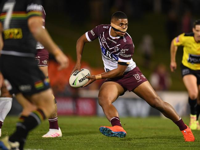 Manase Fainu of the Sea Eagles played in round 12 despite breaking his nose in the warm up. Picture: AAP Image/Dean Lewins