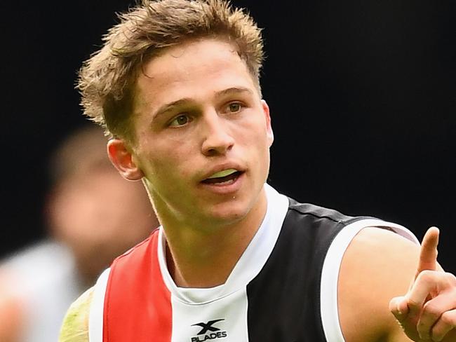 MELBOURNE, AUSTRALIA - MAY 13:  Jack Billings of the Saints celebrates kicking a goal during the round eight AFL match between the St Kilda Saints and the Carlton Blues at Etihad Stadium on May 13, 2017 in Melbourne, Australia.  (Photo by Quinn Rooney/Getty Images)