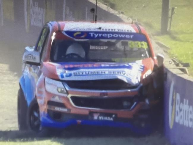 Rossi Johnson hit the wall hard in a massive shunt during Race 3 in Perth during the V8 SuperUtes series – 8 June 2025.
