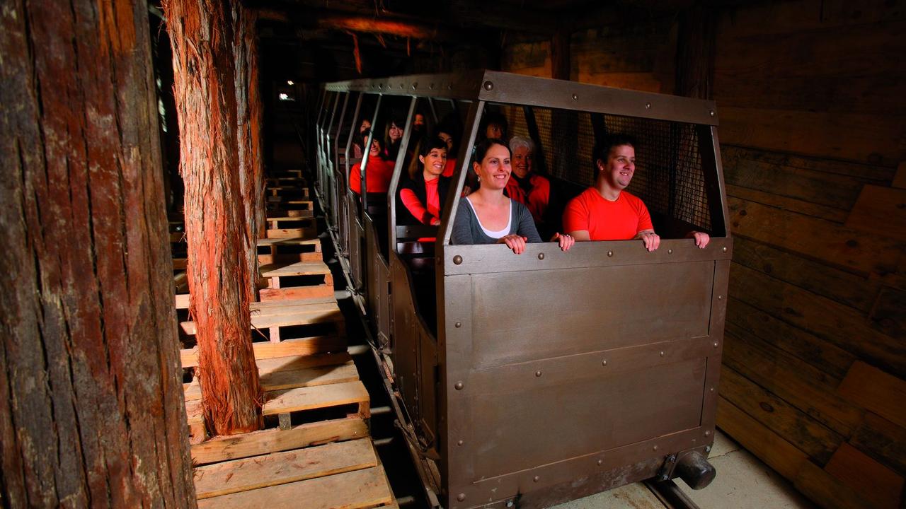 Deep mines need lots of wooden poles to make the tunnels safe and expensive equipment such as carts on tracks to move the rocks and dirt around. These people are at Sovereign Hill, going down into a deep shaft mine that is now a tourist attraction. Picture: Sovereign Hill