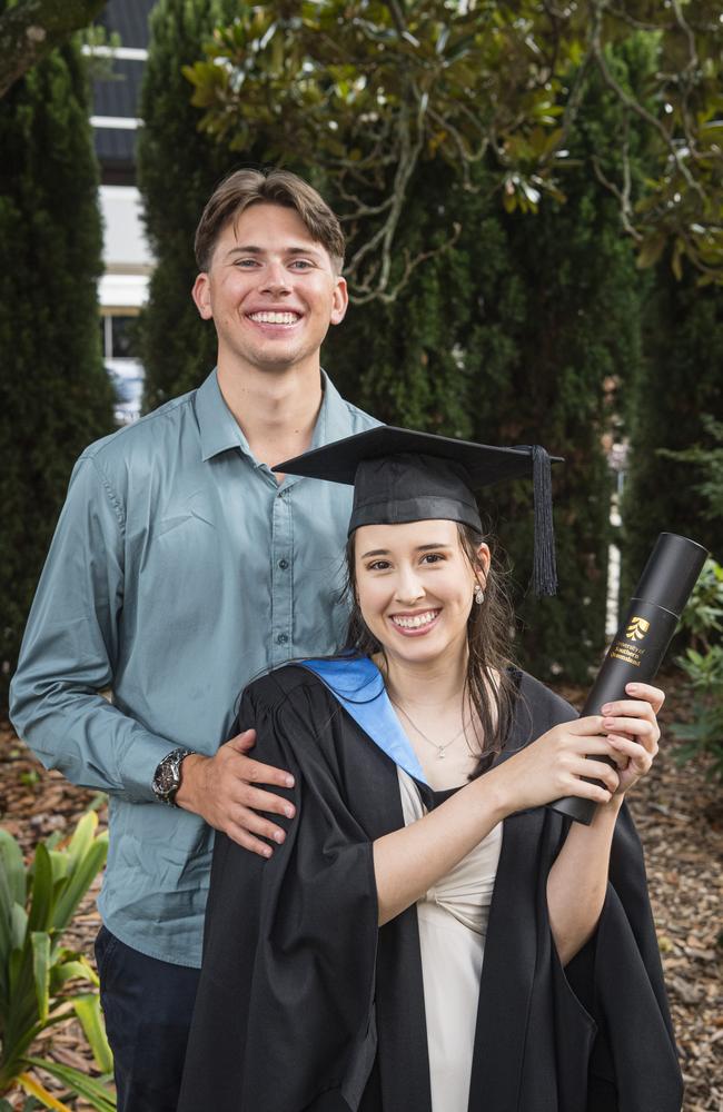 Bachelor of Biomedical Science graduate Adia Bazyar with Adam Morris at a UniSQ graduation ceremony at Empire Theatres, Tuesday, February 13, 2024. Picture: Kevin Farmer