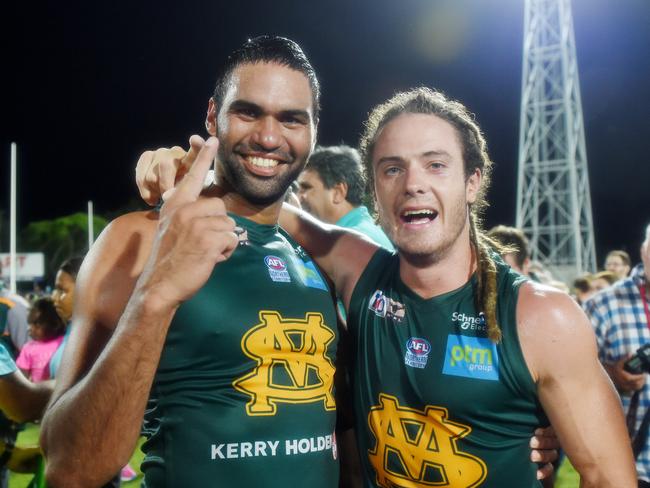 St Mary's win the NTFL Premier League grand final against Wanderers at TIO stadium. St Marys players Raphael Clarke and Jackson Geary celebrate being number one.