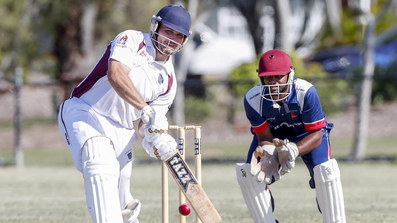 Burleigh batsman Mark Cummings drives straight. Pics Tim Marsden\\Gold Coast first grade (Kookaburra Cup) - Burleigh vs Mudgeeraba Nerang at John Handley Oval.